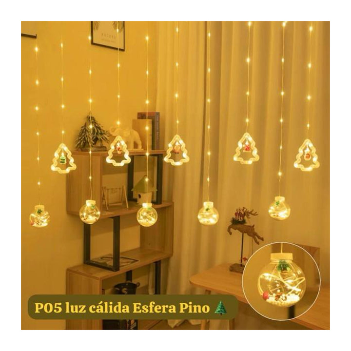 Cortina Luz Led Bola Y Arbol De Navidad Intercalada